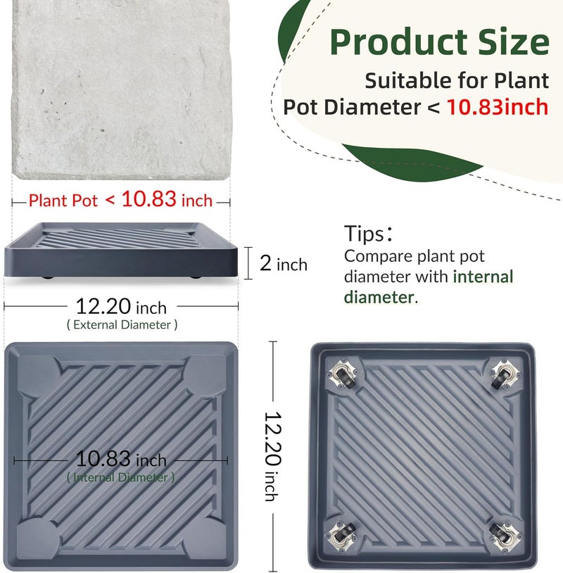 REDHUGO 2PCS Square Plant Caddy with Hidden Wheels, Heavy Duty Rolling Plant Stand Caddy with Wheels, Pot Base for Indoor Outdoor, Gray, 12 inches - Image 2